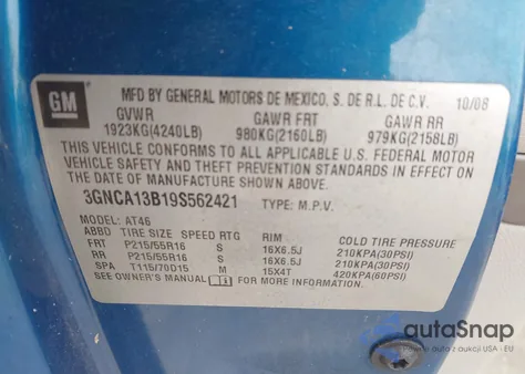 2009 Chevrolet Hhr Ls from USA, damaged, VIN 3GNCA13B19S562421